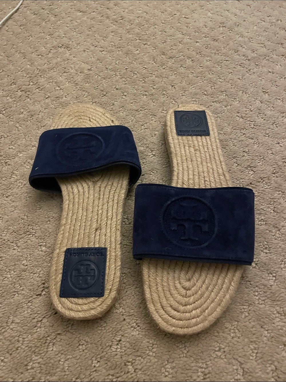 Tory Burch Navy Suede Slide Espadrille Sandals
